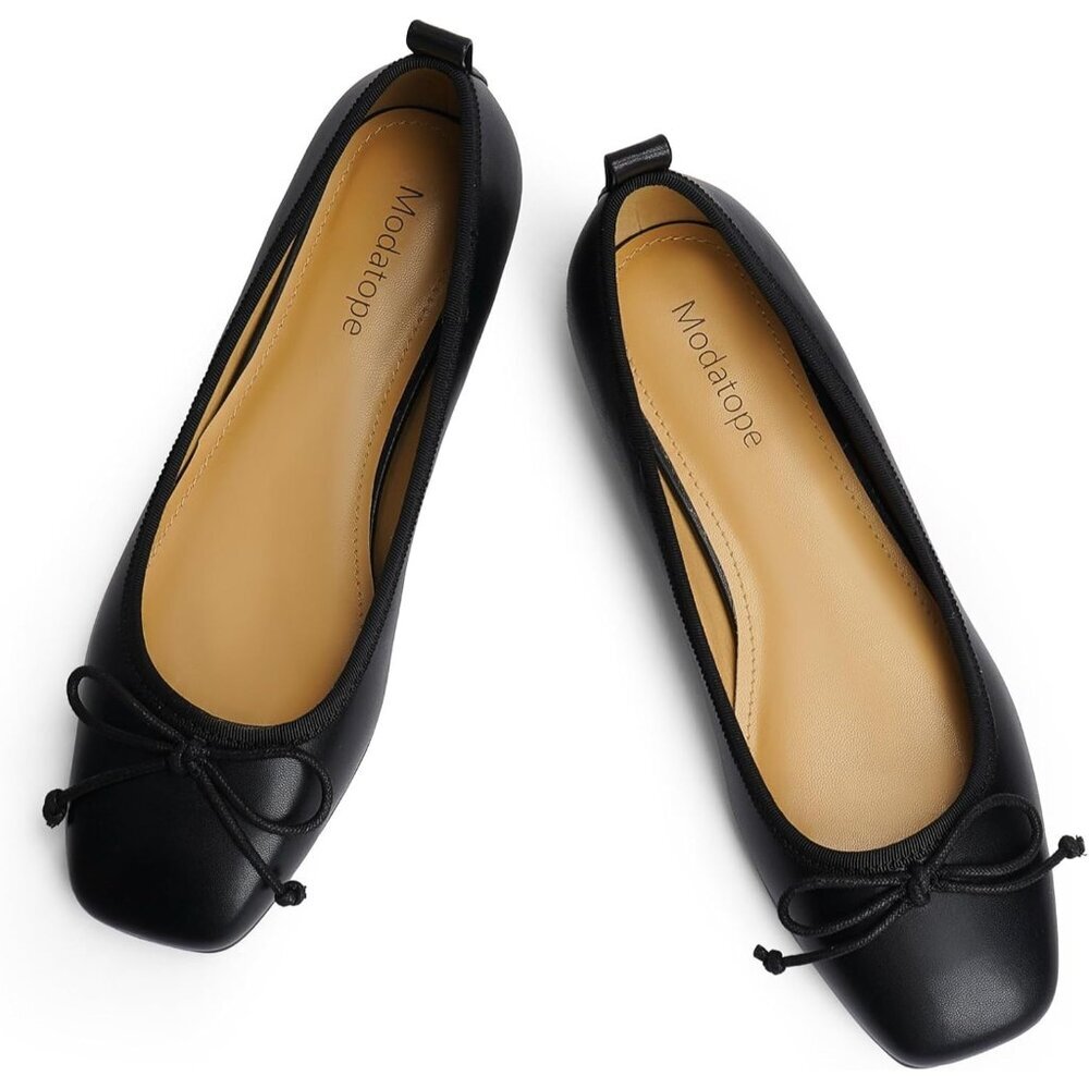 Women's Black Ballet Flats with Bow Ballerina Closed Square Toe Slip on Shoes